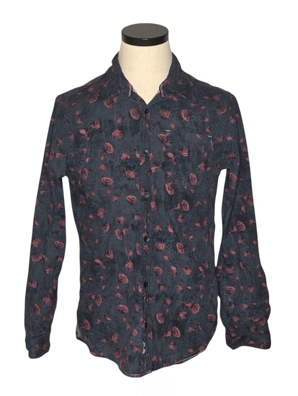 Burnside Floral Button Up Shirt Mens Medium Dark Rose Print Cotton